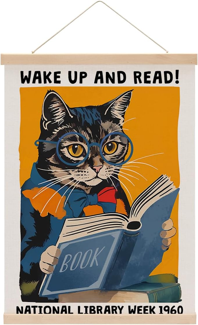 XFN Funny Reading Cat Poster Hanger, Reading Nook Library Decor Wall Decor, Educational Posters Wall Art Wall Hanging Banner Farmhouse Classroom Bedroom Reading Room Apartment Home Decor - Image 1